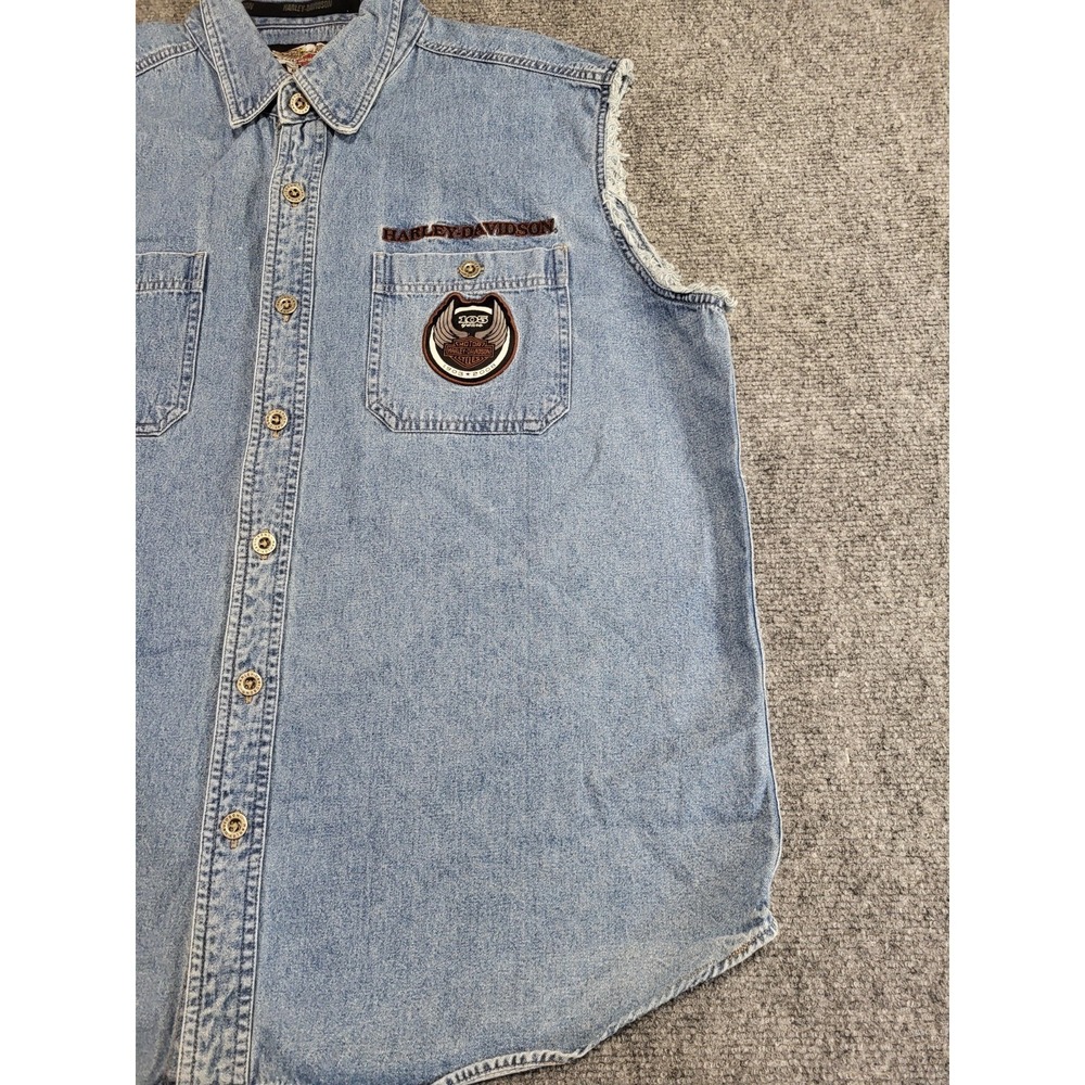105th Anniversary Harley Davidson Denim Button Front Top Vest Mens XL 2008 Biker - Picture 2 of 16